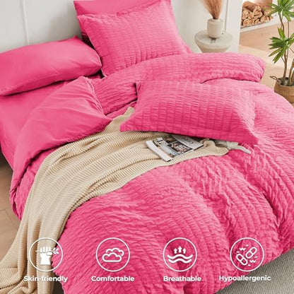 HYMOKEGE Hot Pink Queen Comforter Set Seersucker 7 Pieces, All Season Luxury Bed in a Bag Queen for Bedroom, Bedding Set with Comforter, Sheets, Pillowcases & Shams