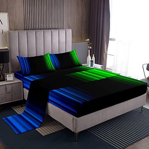 Feelyou Geometric Abstract Ombre Bed Sheets Kids Boys Teens Blue Green and Black Striped Sheet Set Decor Modern Fashion Bed Set Bedroom Collection 4Pcs Queen Size