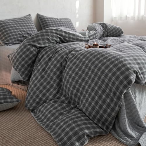 Vintage Buffalo Plaid Duvet Cover Twin XL 100% Cotton Muslin Retro Grey Plaid Grid Gingham Bedding Set Breathable Gauze Comforter Cover 3 Piece Farmhouse Gingham Duvet Cover with Zipper Closure