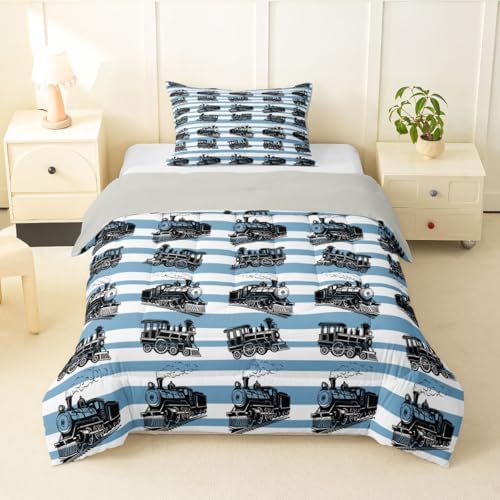 Feelyou Retro Train Comforter Set Twin Size Vintage Steam Locomotive Down Bedding Set for Kids Boys Girls Blue White Geometric Stripes Duvet Quilt Bedroom Decor Microfiber 2 Pcs with 1 Pillow Case