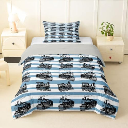 Feelyou Retro Train Comforter Set Twin Size Vintage Steam Locomotive Down Bedding Set for Kids Boys Girls Blue White Geometric Stripes Duvet Quilt Bedroom Decor Microfiber 2 Pcs with 1 Pillow Case