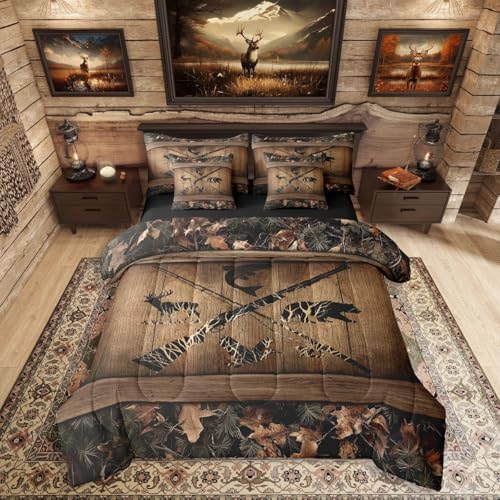 Erosebridal Rustic Farmhouse Bedding Sets 7 Piece Retro Camo Cabin Lodge Comforter Set Queen Hunting and Fishing Bed in A Bag for Boys Adults Men Wildlife Bear Deer Fish Duck Sheet Set with Comforter