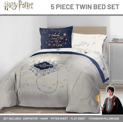 Harry Potter Twin Comforter Set 5 Piece Soft Fantasy Bedding, Beige