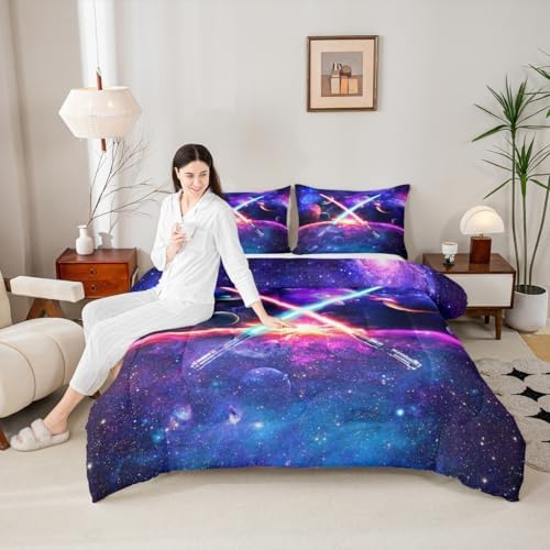 Castle Fairy Light Up Sword Comforter Set King Size Galaxy Universe Planet Bedding Set 3pcs for Kids Boys Girls Room Decor,Watercolor Star Sky Quilt Set Fantasy Duvet Insert with 2 Pillowcases,Purple