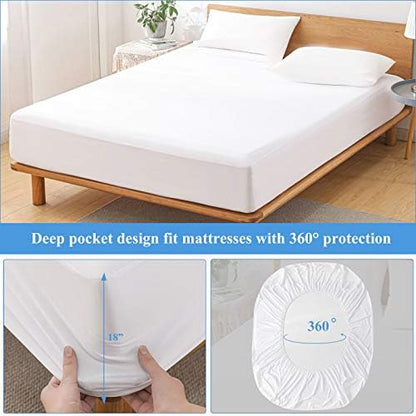 King Waterproof Mattress Protector - Noiseless, Breathable, Machine Washable Fitted Mattress Cover with Deep Pocket up to 5”-21”（White）