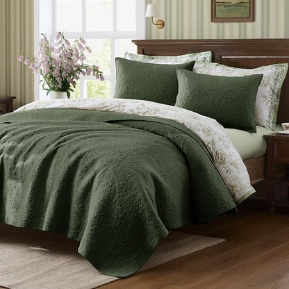WDCOZY King 100% Cotton Paisley Quilt Bedding Set Olive Green Comforter