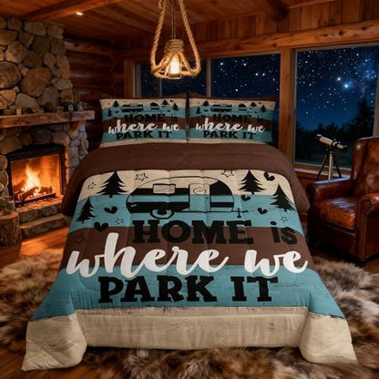 Manfei Rustic Adventure Camper Kids Comforter Set Full Size,Pine Tree Wooden Cabin Farmhouse Bedding Set,Girls Boys Room Decor,Lake House RV Quilt Comforter,Brown Retro Duvet Insert,2 Pillowcases