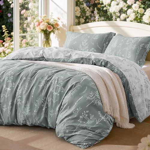 Love's cabin Grey Full Size Comforter Set - Full Comforter Set, 3 Pieces Cute Floral Bedding Sets for All Seasons,1 Soft Reversible Botanical Flowers Comforter and 2 Pillow Shams
