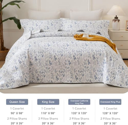 Lady Ann Cotton Quilt Sets King Size - Blue and White Floral & Leaves Pattern Botanical Printed Quilted Bedding, 3 Pcs Lightweight Soft Bedspread Sets King Coverlet for All Season