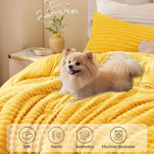 BEDELITE Fleece Full Comforter Set, Fluffy Bed Set, Bright Yellow