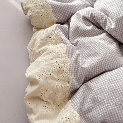 LifeTB Purple Gingham Comforter Set Twin XL Fluffy Soft Princess Style Girls Lace Bedding Set Cottagecore Cute Plaid Checkered Comforter with 2 Pillowcases Chic Gingham Bedding Grid Comforter Set