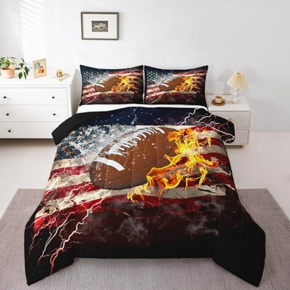Boys American Football Comforter Set, United States Flag Down Comforter Queen Size, Soccer Sports Games Bedding Set for Kids Teens Adult Men, Geometric Stripes Retro Duvet Sets, Blue White and Red