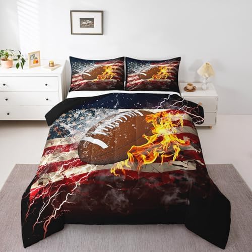 Boys American Football Comforter Set, United States Flag Down Comforter Twin Size, Soccer Sports Games Bedding Set for Kids Teens Adult Men, Geometric Stripes Retro Duvet Sets, Blue White and Red
