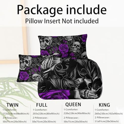 Sugar Skull Full Size Comforter Set Floral Bedding Set,Gothic Skull Bedding Set for Boys Girls,Skeleton Bone Rose Blossoms Print Halloween Quilt Set,Horror Comforter Set for Bedroom Decor