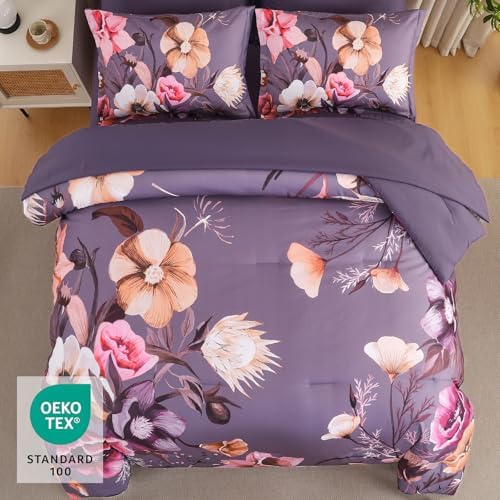 Luxudecor Floral Comforter Set King Size 7 Piece, Purple Flower Bed in a Bag, Elegant Floral Comforter Bed Set with Sheet Set, Soft Microfiber Bedding Set for All Season (104"x90")