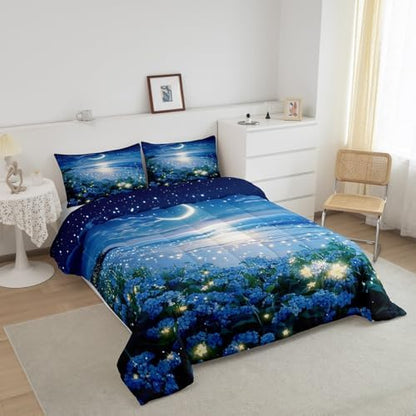 Homewish Coastal Beach Comforter Set Queen Size,Blue Floral Bedding Sets 3Pcs for Kids Girls Boys Teens Room Decor,Moon Night Quilt Set Blue Dreamy Romantic Duvet Insert,2 Pillowcases