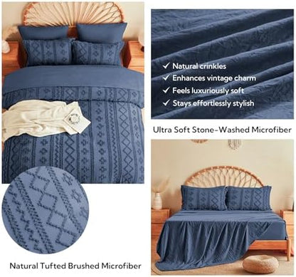 MR&HM King Size Comforter Set 7 Pieces, Boho Tufted Bedding Set Navy Blue