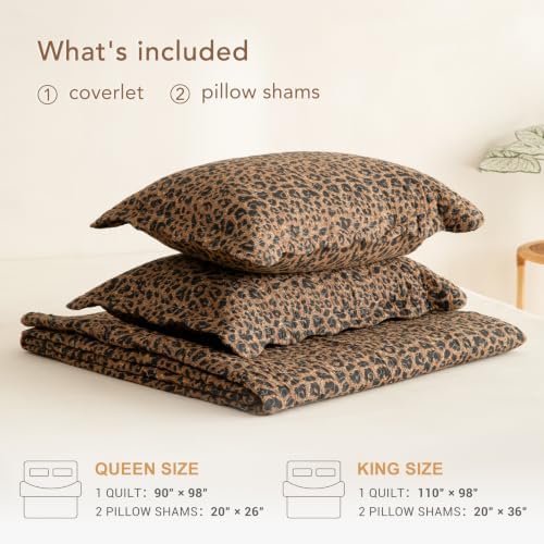 Lady Ann 100% Cotton King Quilt Set, Vintage Brown Leopard Pattern Printed Quilted Bedding, 3 Pcs Lightweight Coverlet, Ultra Soft Farmhouse Bedspread Set for All Season