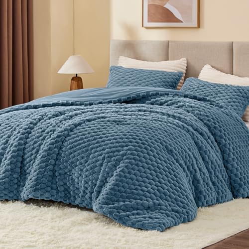 BEDELITE Fluffy Cal King Comforter Set, Blue Fog Fleece Bed Set 3 Pieces