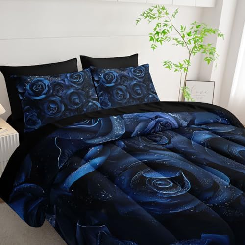 7pcs Blue Floral Comforter Set Valentine's Day 3D Rose Printed Bedding Set with 1 Comforter, 1 Flat Sheet, 1 Fitted Sheet and 4 Pillowcases for Boys and Girls Bedroom (Rose Twin