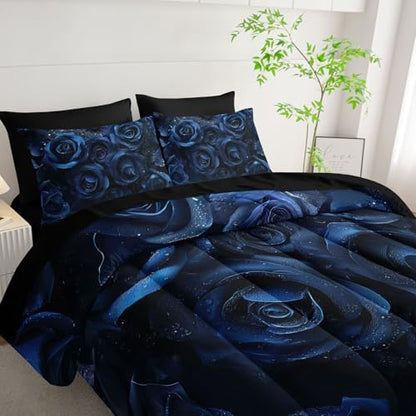 7pcs Blue Floral Comforter Set Valentine's Day 3D Rose Printed Bedding Set with 1 Comforter, 1 Flat Sheet, 1 Fitted Sheet and 4 Pillowcases for Boys and Girls Bedroom (Rose Twin
