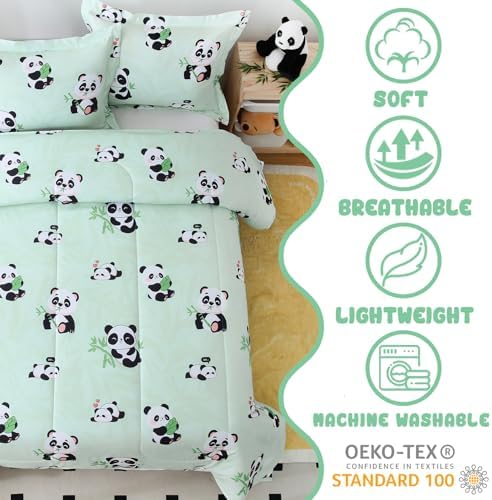 Yibeizi Kids Cute Panda Comforter Full Size Sage Green Bedding Set