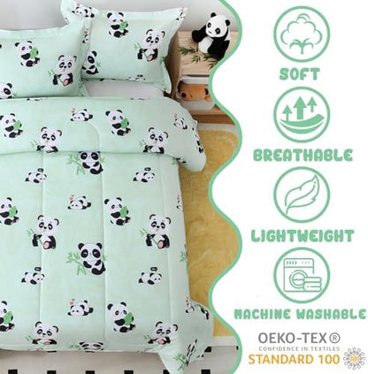 Yibeizi Kids Cute Panda Comforter Full Size Sage Green Bedding Set
