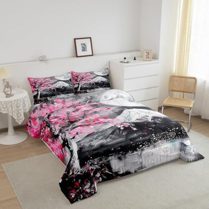 Castle Fairy Japanese Ukiyoe Comforter Set King Size Fuji Mountain Scenery Quilt Set for Women Teens Men Home Room Decor Pink Cherry Blossoms Tree Bedding Set Retro Oil Painting Art Duvet Insert 3pcs