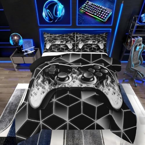 Grey Gaming Comforter Set with Neon Geometric Toddler Bedding, 3D Geometric Kids Comforter Decor for Boys' Bedroom