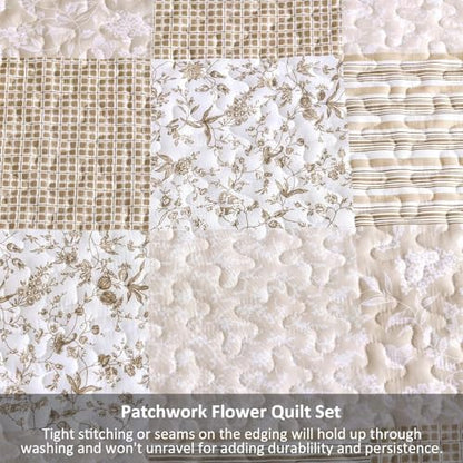 Mybedsoul Beige Boho Quilt Twin Size, Floral Bedspread Dorm Bedding