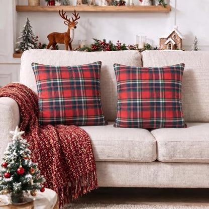AVOIN colorlife Christmas Dark Blue Red Plaid Decorative Throw Pillow Covers, 20 x 20 Inch Holiday Scottish Tartan Cushion Case Farmhouse Decoration for Sofa Couch Set of 2
