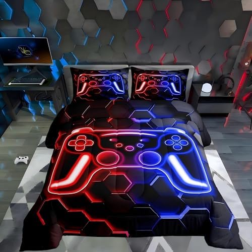 Erosebridal Gaming Comforter Set Neon Honeycomb Gamer Girl Toddler Bedding Set, Retro Game Console Comforter Red Blue Hexagon Lights Quilt,Gaming Decor for Boys Bedroom
