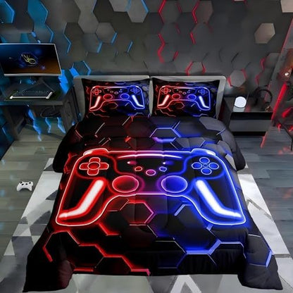 Erosebridal Gaming Comforter Set Neon Honeycomb Gamer Girl Toddler Bedding Set, Retro Game Console Comforter Red Blue Hexagon Lights Quilt,Gaming Decor for Boys Bedroom