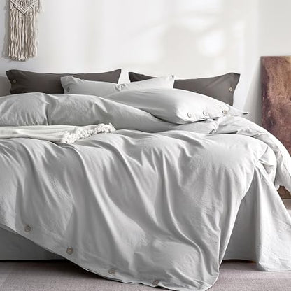 JELLYMONI 100% Washed Cotton Pale Grey Duvet Cover King, Linen-Like