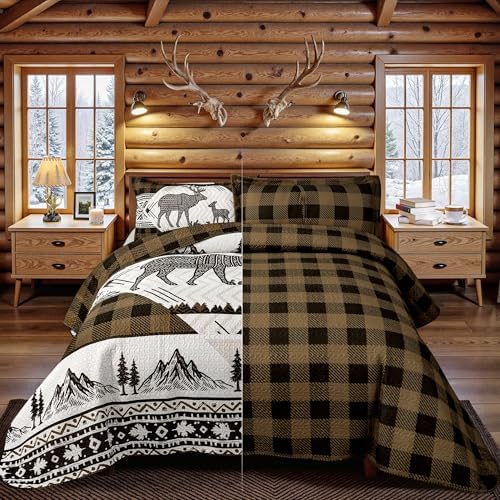 3 Piece Cabin King Size Quilt Sets Farmhouse Rustic Reversible Microfiber Soft Lightweight Bedspread Comforter with 2 Shams Patchwork Country Lodge Bedding Quilts Set for All Season, 106''x96'', Brown