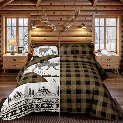 3 Piece Cabin King Size Quilt Sets Farmhouse Rustic Reversible Microfiber Soft Lightweight Bedspread Comforter with 2 Shams Patchwork Country Lodge Bedding Quilts Set for All Season, 106''x96'', Brown