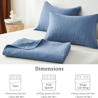Akkialla King Quilt Bedding Set, Bluish Grey Ultrasonic Quilt Set, Lightweight Soft Bedspread Coverlet, Modern Style Coin Pattern Bed Cover for All Seasons, 3 Piece (1 Quilt, 2 Pillow Shams)