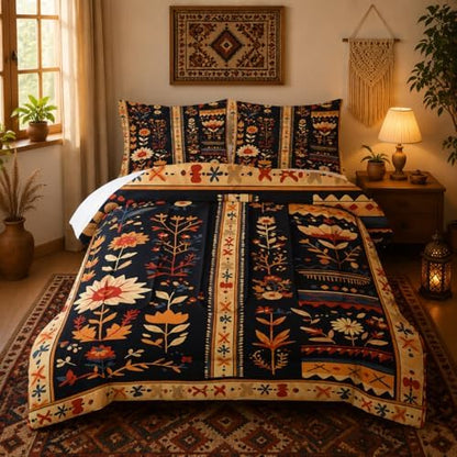 Nttopship Boho Floral Comforter Bedding Set with 2 Pillowcase Full Size Retro Dark Floral Comforter Set for Kids Boys Girls Bedroom Decor