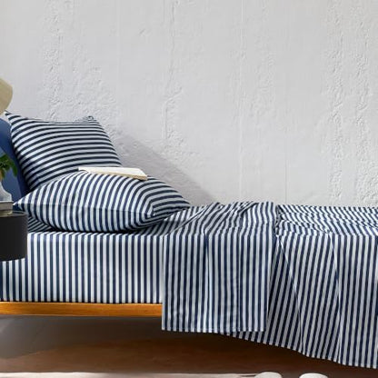 JELLYMONI 100% Cotton Sheet Set, Navy Blue Striped, Queen