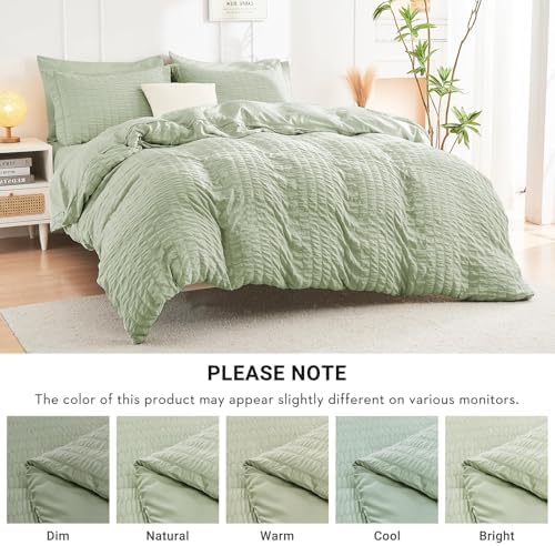 HYMOKEGE Light Green King Size Comforter Set Seersucker 7 Pieces, All Season Luxury Bed in a Bag for Bedroom, Bedding Set with Comforters, Sheets, Pillowcases & Shams