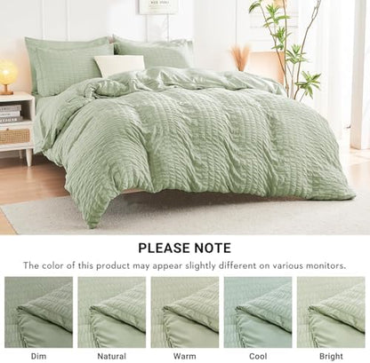 HYMOKEGE Light Green King Size Comforter Set Seersucker 7 Pieces, All Season Luxury Bed in a Bag for Bedroom, Bedding Set with Comforters, Sheets, Pillowcases & Shams