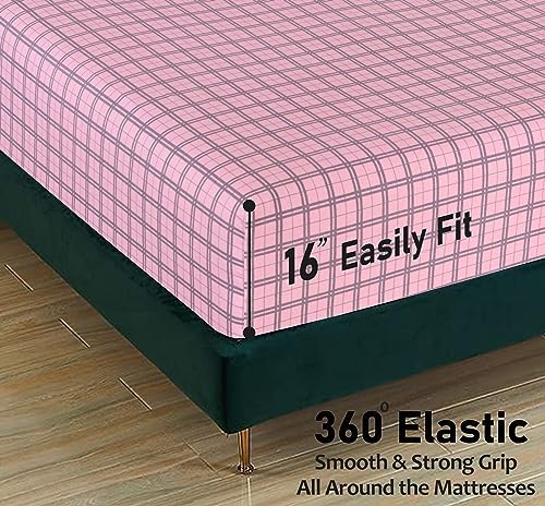 RUVANTI Flannel Sheets Set King Size, Check & Bolt Pink