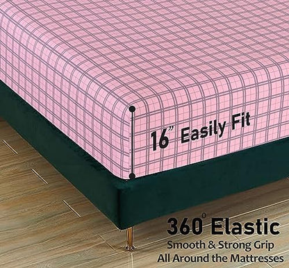 RUVANTI Flannel Sheets Set King Size, Check & Bolt Pink