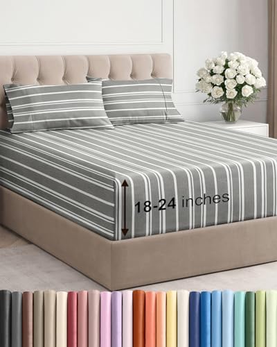 Extra Deep Full Sheet Set - 4 Piece Breathable & Cooling - Grey Stripes