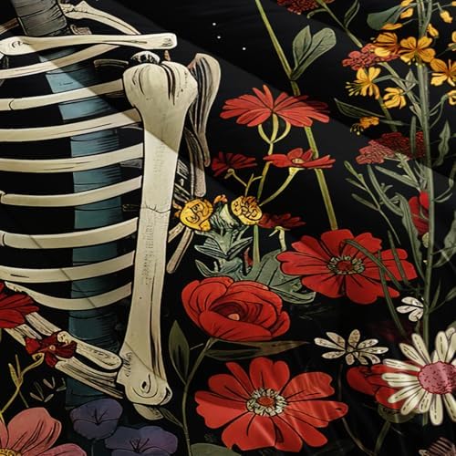 Black Gothic Skull Flower Queen Comforter Set，Quilt Queen Size Bedding Set Gothic，with 1 Comforter with 2 Pillow Case，Skull Room Decor for Bedroom