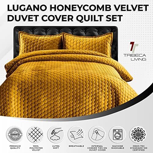 Tribeca Living Lugano Oversized Velvet Quilt Set - All Season, Extra Large, 3 Piece Queen Size Comforter Set with 2 Pillow Shams in Gold Honeycomb Pattern 260GSM