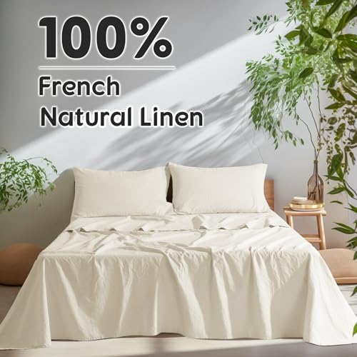 SONORO KATE 100% French Linen Queen Size Sheets Set,Extra Deep Pocket,4PC