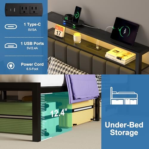 J.Fkne Twin Bed Frames with Charging Station and LED Lights, Twin Size Platform Bed with Metal Slats, Upholstered Headboard with 2-Tier Storage Shelves, No Box Spring Needed, Easy Assembly, Black