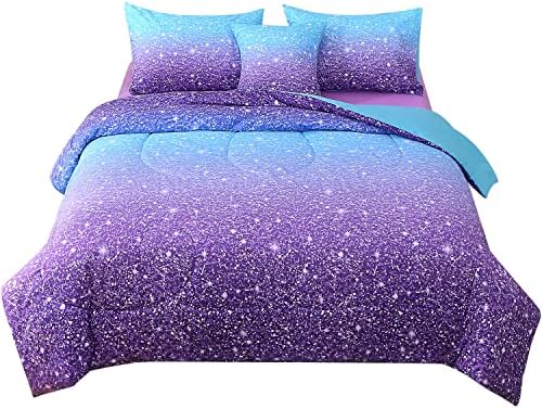 JQinHome Full Blue Purple Comforter Set, 6 Piece Bed in A Bag 3D Colorful Ombre Bedding Set for Girls Women (1 Comforter,2 Pillowcases,1 Flat Sheet,1 Fitted Sheet,1 Cushion Cover)(Blue Purple)