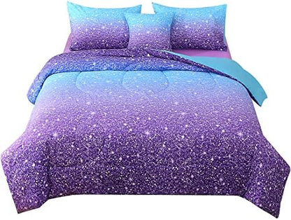 JQinHome Full Blue Purple Comforter Set, 6 Piece Bed in A Bag 3D Colorful Ombre Bedding Set for Girls Women (1 Comforter,2 Pillowcases,1 Flat Sheet,1 Fitted Sheet,1 Cushion Cover)(Blue Purple)